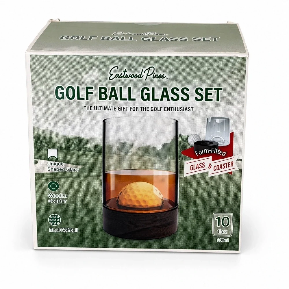 Eastwood Pines Golf Ball Glass Set 10oz Real Golf Ball Wooden Coaster 110-80
